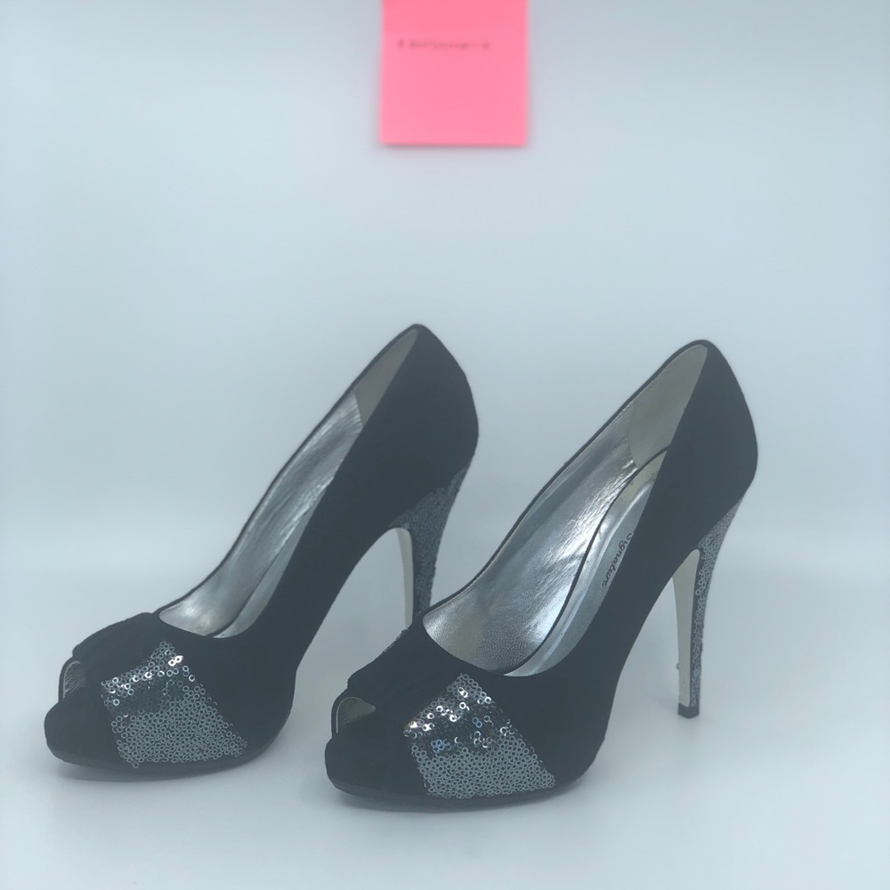 Black suede and sequin platform pump